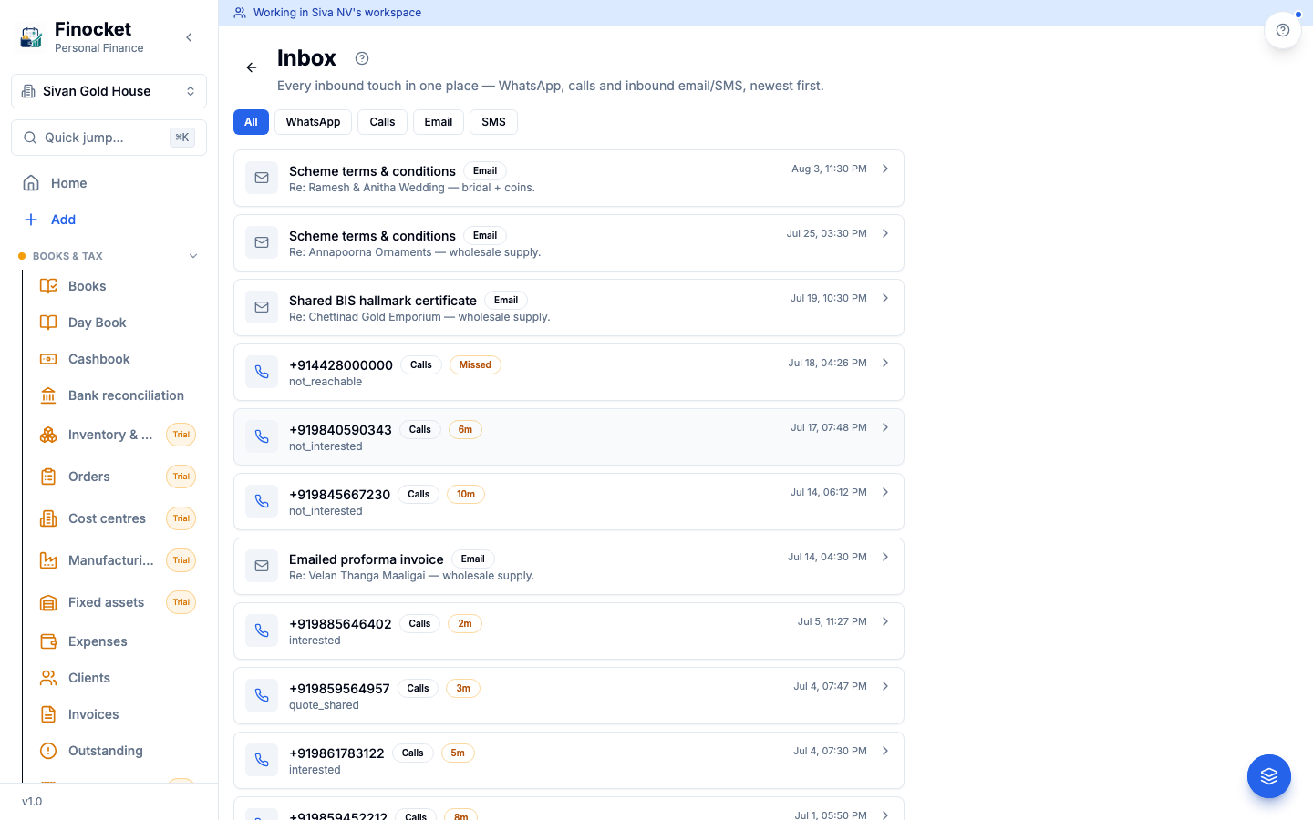 The unified Inbox — WhatsApp, calls, email and SMS in one list. (desktop view)