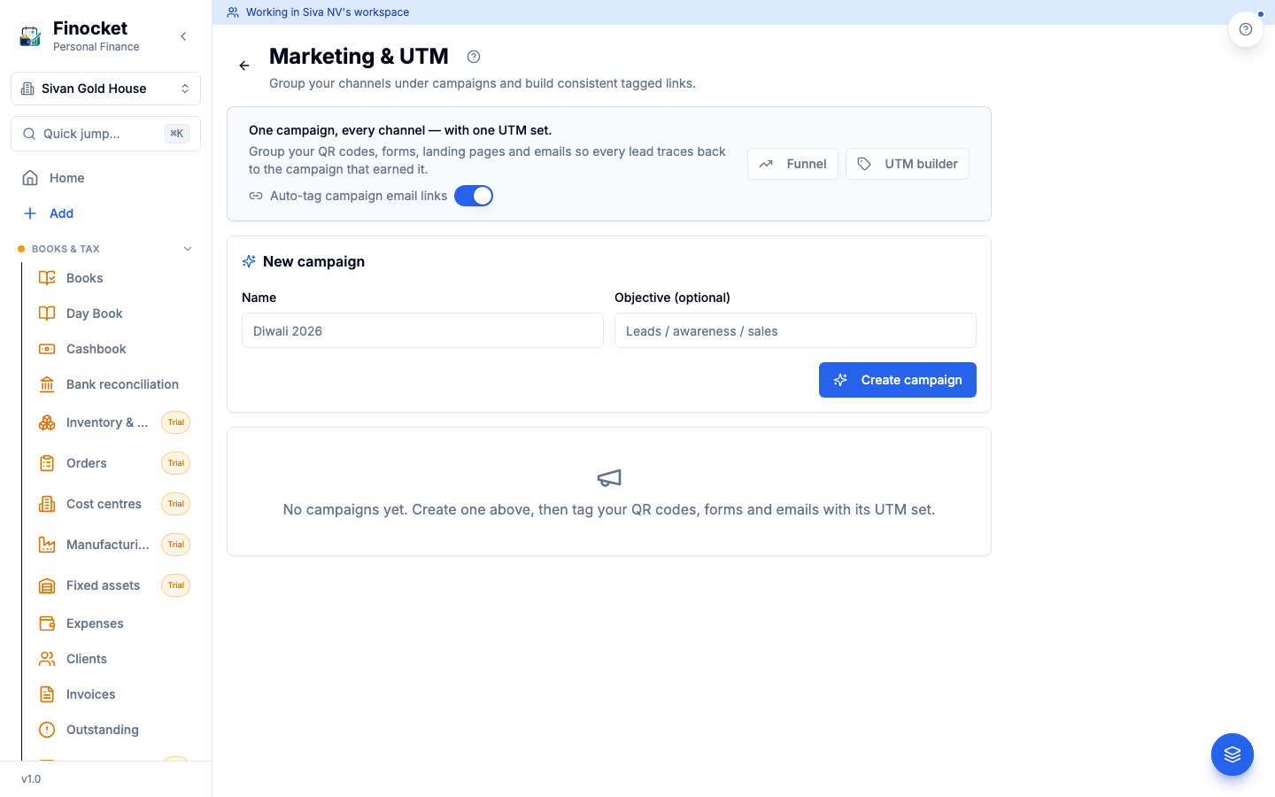 The Marketing hub — campaigns with UTM tagging and source-to-revenue. (desktop view)